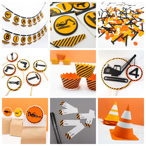 collage of nine photos. 1 birthday banner 2 closeup of backhoe on banner 3 confetti 4 cupcake toppers 5 cupcake wrappers 6 cake topper 7 goodie bags 8 gift tags 9 party hats