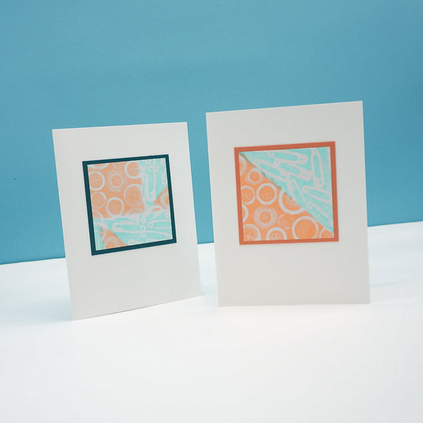 blank notecards - stamped buttons and safety pins in orange and teal