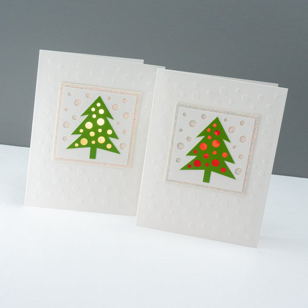 Decorated Christmas Tree Cards with Embossed Snow